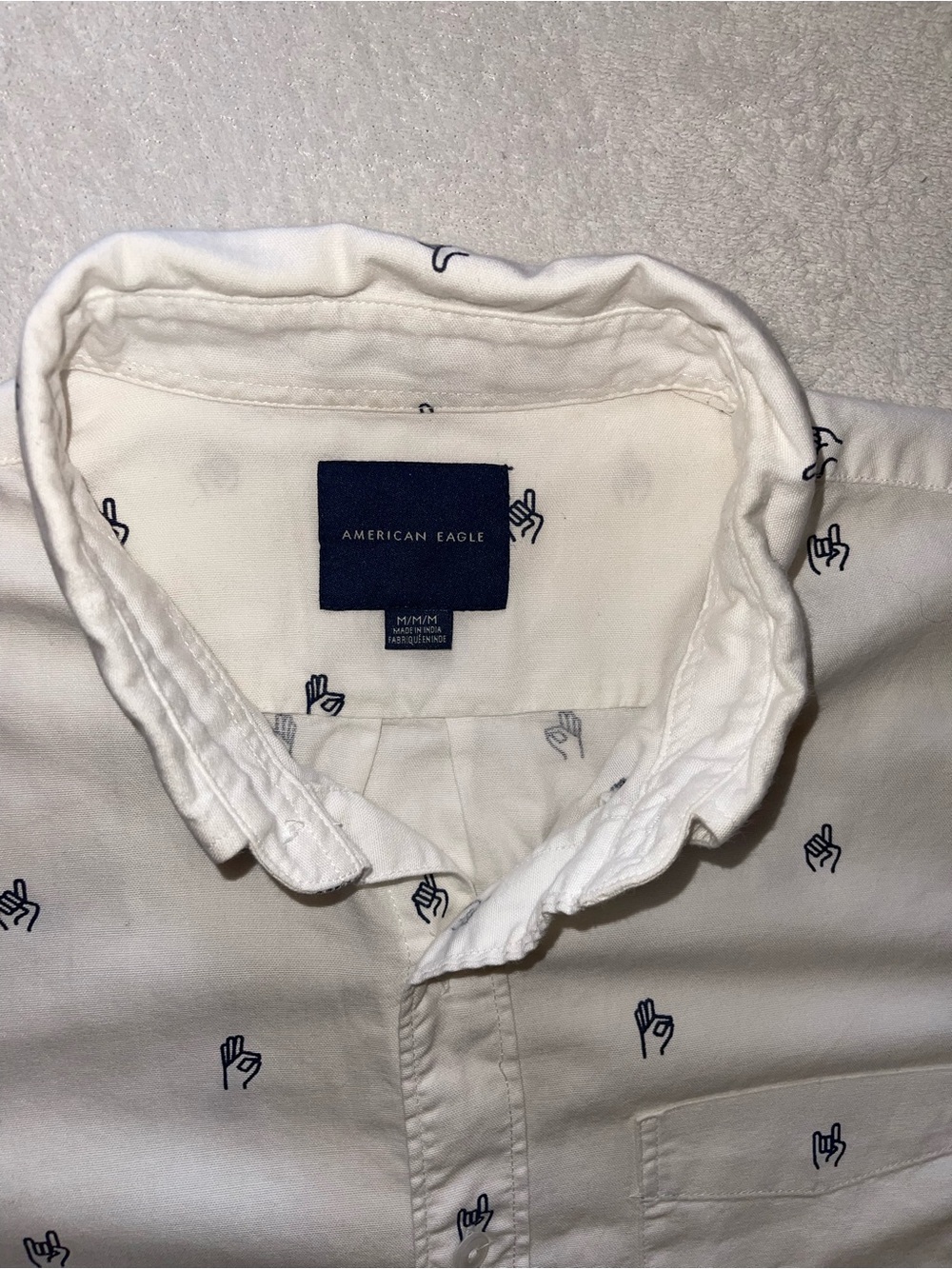 American Eagle Outfitters White Button-Up Shirt with Navy Handprint Motif